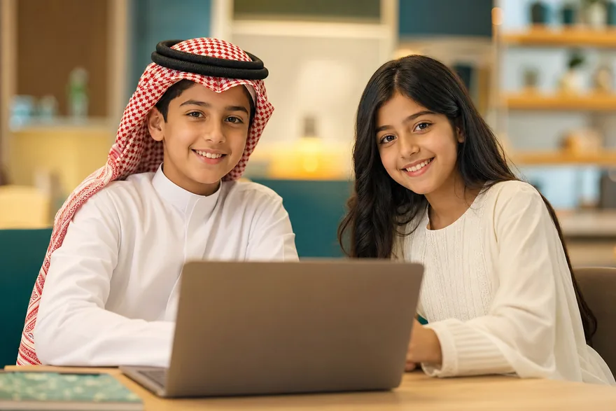 طفلان سعوديان يتشاركان حاسوبا محمولا