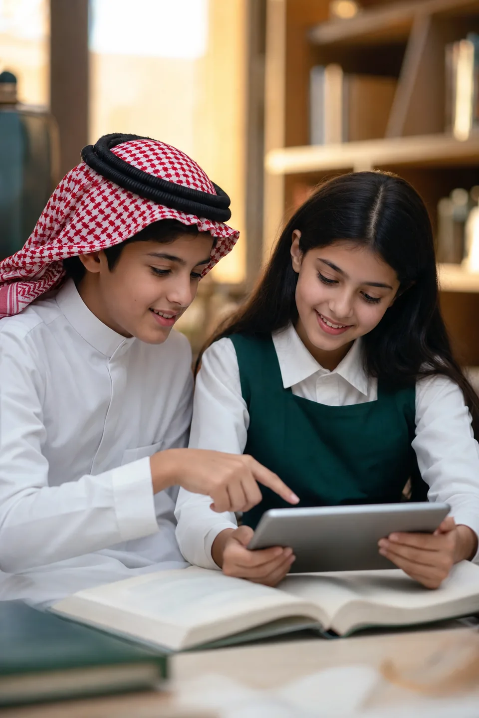 طفلان سعوديان يتشاركان جهازا لوحيا فوق كتاب مفتوح