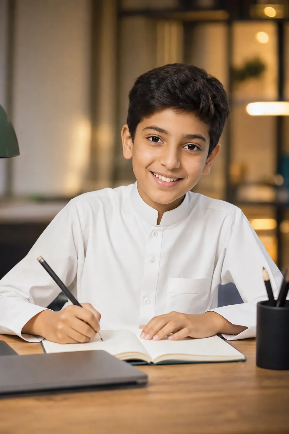 طفل سعودي يكتب في دفتره على مكتب دراسي