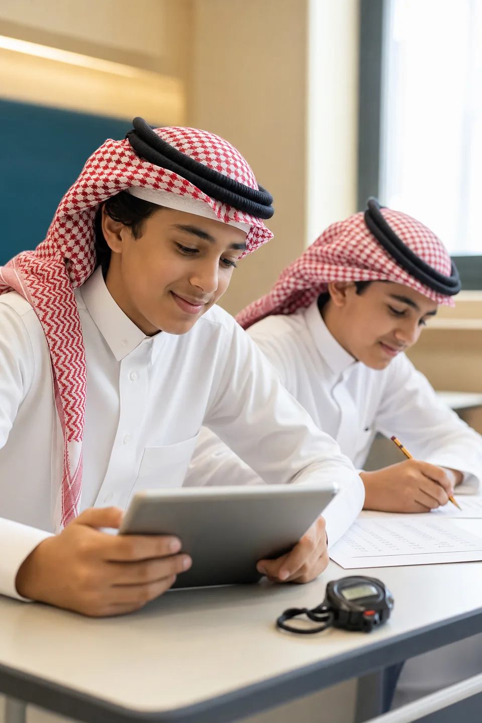 طالبان سعوديان يخوضان اختبارا مؤقتا على جهاز لوحي في الفصل
