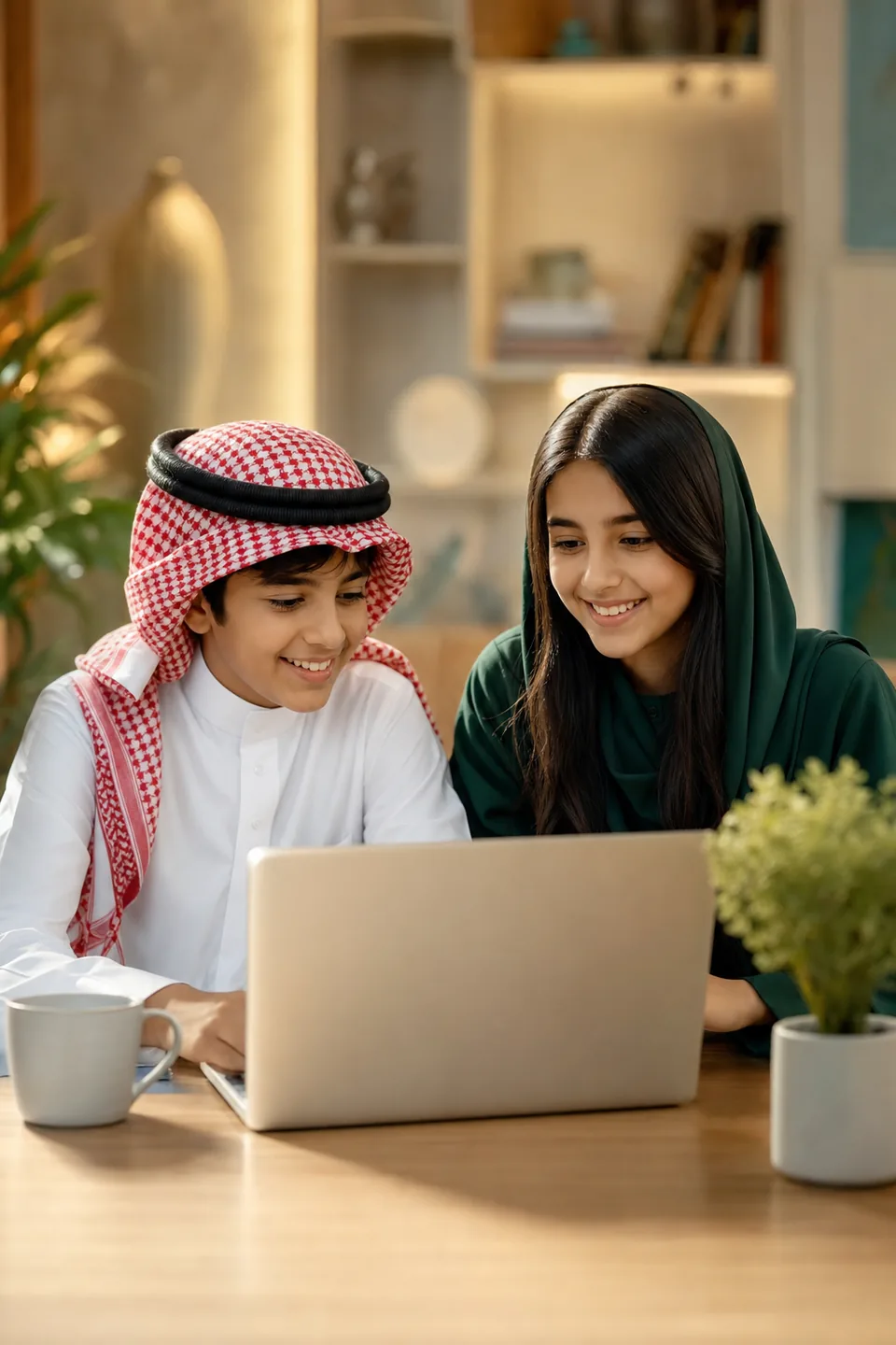 طفلان سعوديان يتشاركان حاسوبا محمولا
