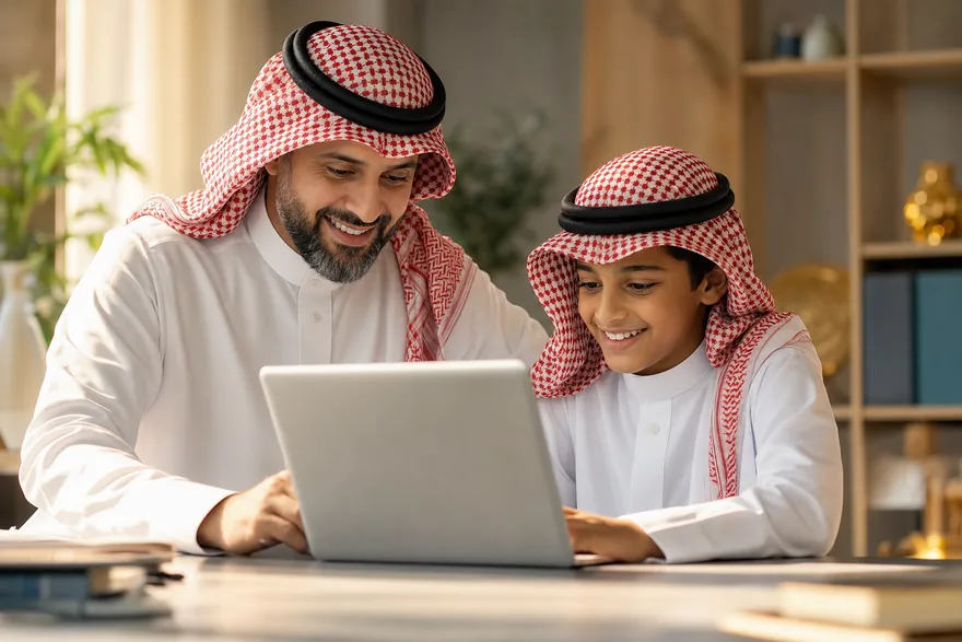 أب سعودي وابنه يتابعان الدروس على حاسوب محمول