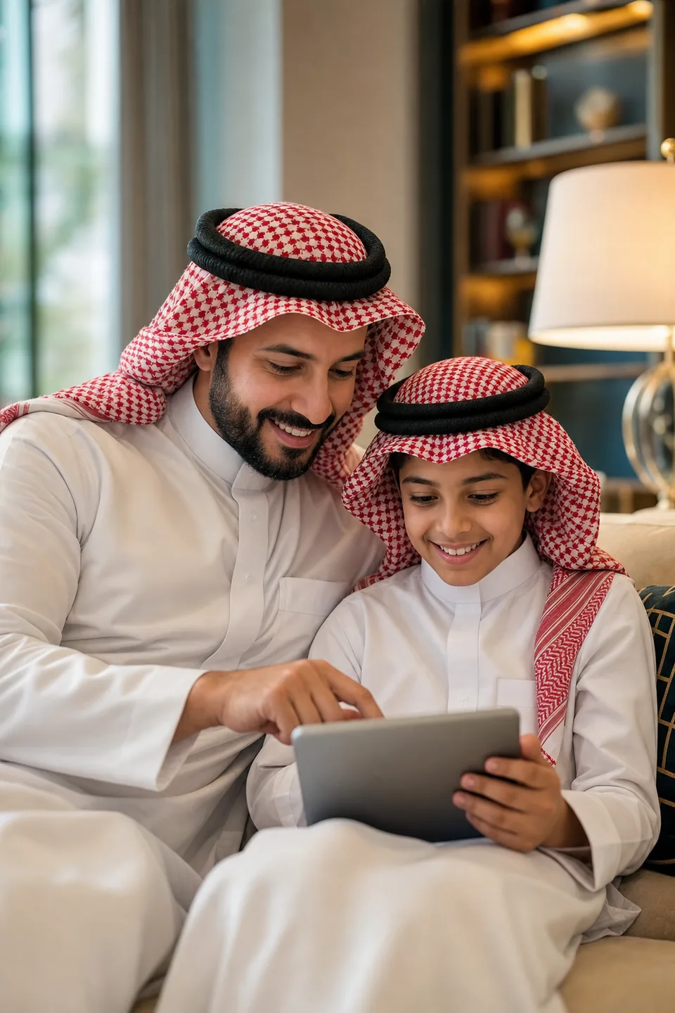 أب سعودي يتابع مع ابنه على جهاز لوحي