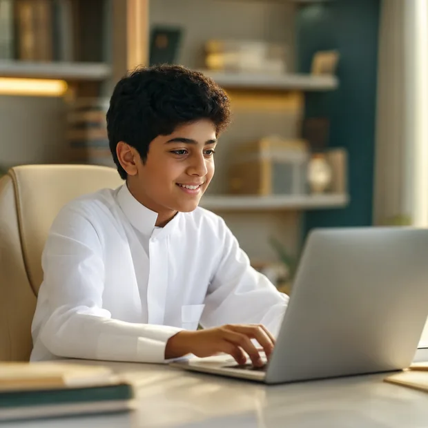 طالب سعودي يعمل على حاسوبه