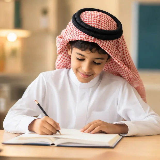 طفل سعودي يكتب في دفتره