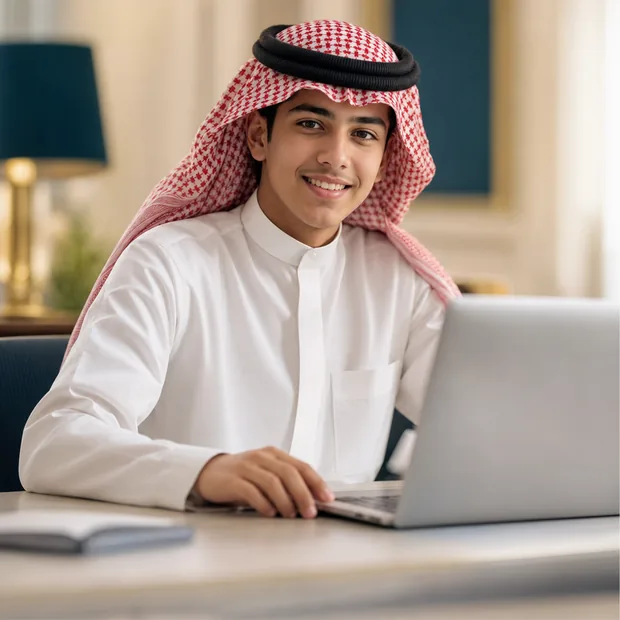 طالب سعودي يستخدم حاسوبا محمولا