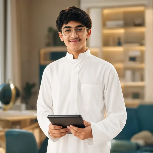طالب سعودي يحمل جهازا لوحيا