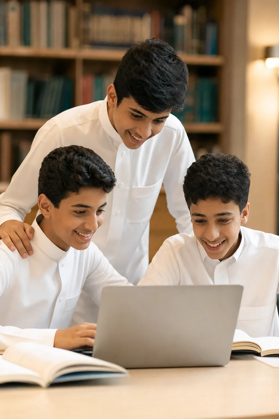 ثلاثة طلاب سعوديين يدرسون معا حول حاسوب محمول