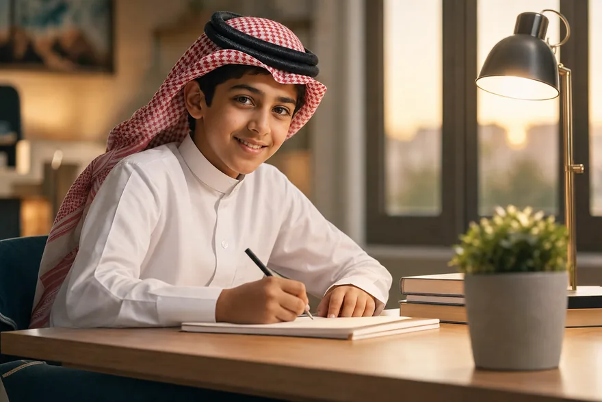 طالب سعودي يذاكر على مكتبه تحت ضوء دافئ