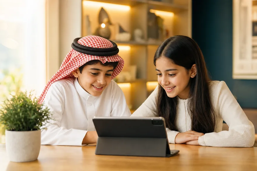 طفلان سعوديان يدرسان معا على جهاز لوحي