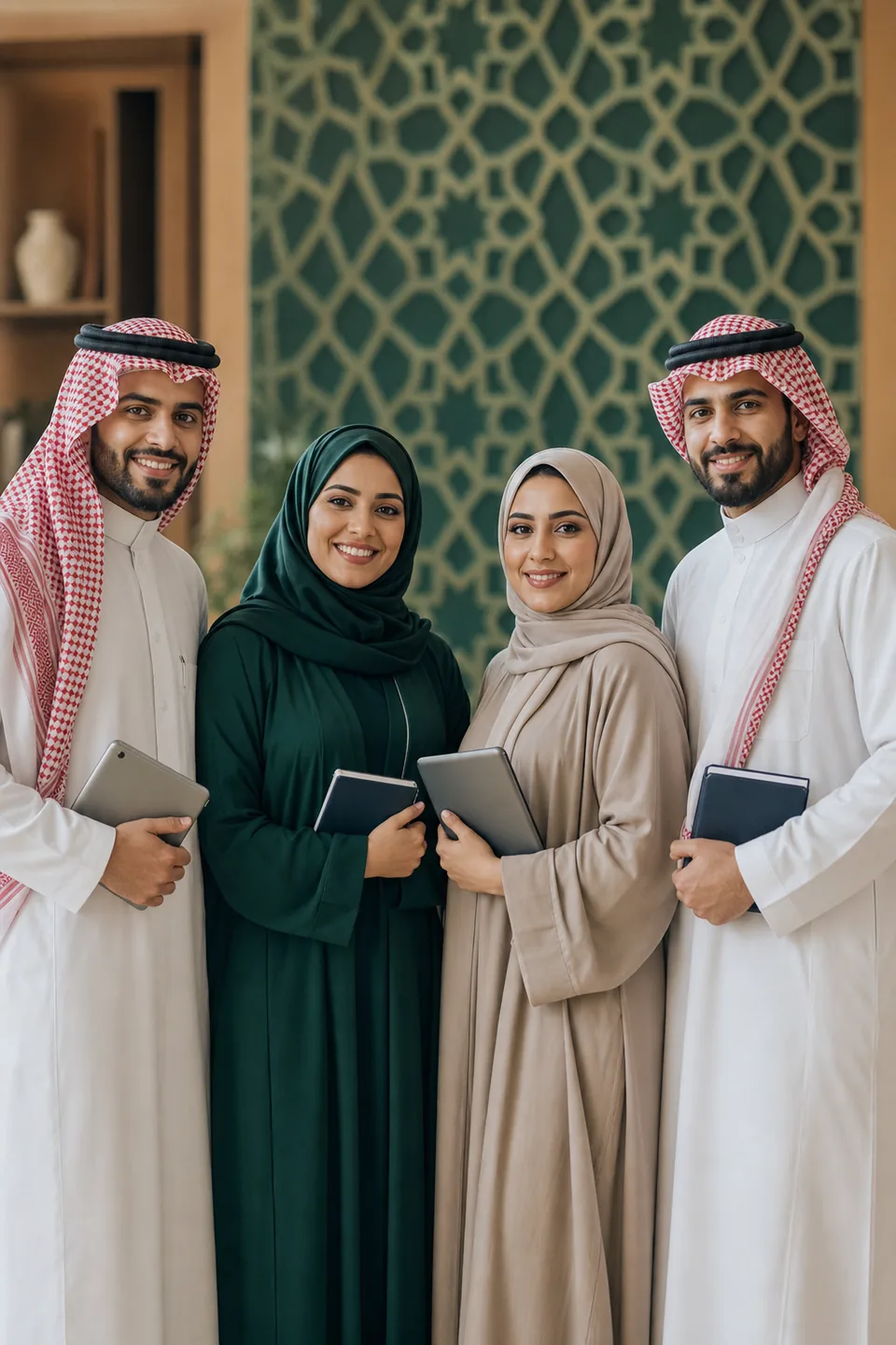 أربعة معلمين ومعلمات سعوديين يقفون معا